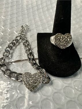 Silver Heart Crystal Bracelet and Ring Set - Sparkling Silver Jewelry size 7 rin